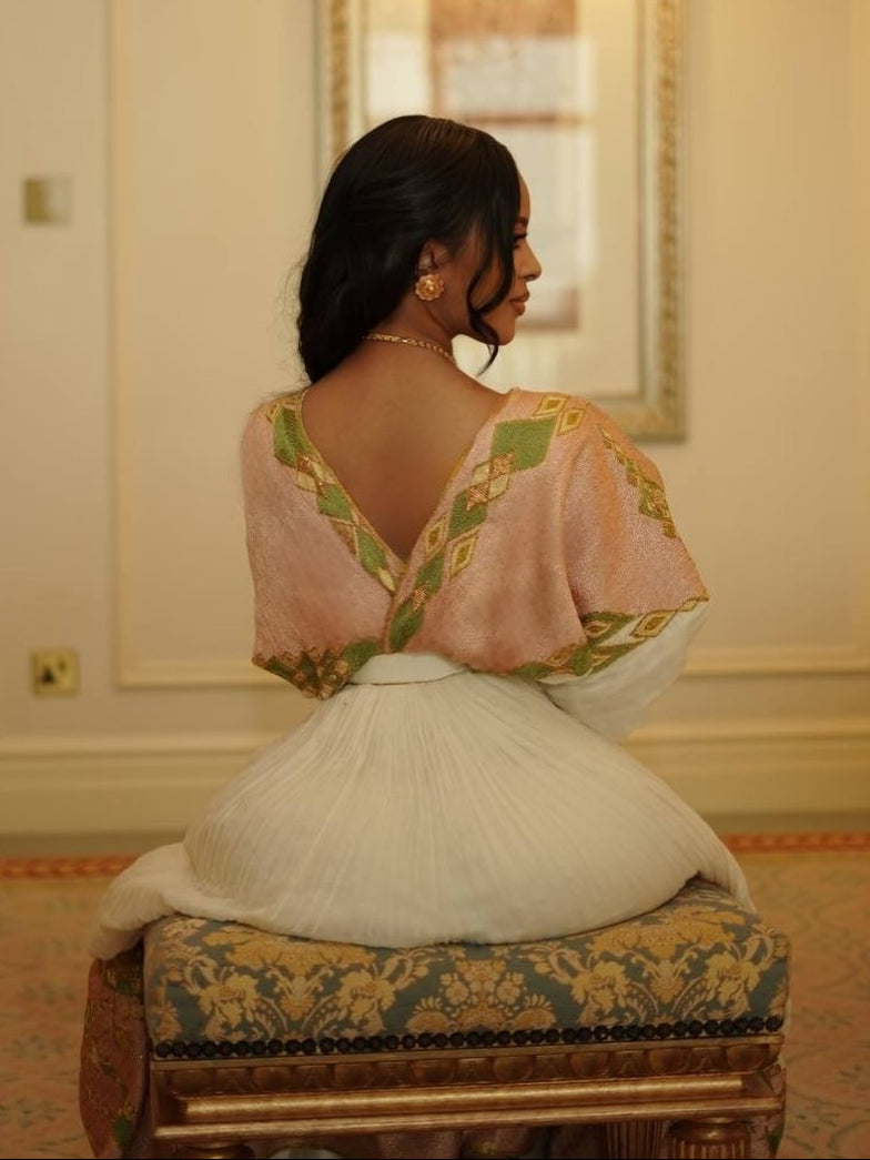 Soft Blush & Olive Green Wrap-Style Habesha Kemis Long Sleeve Habesha Dress Habesha Cloth 1265