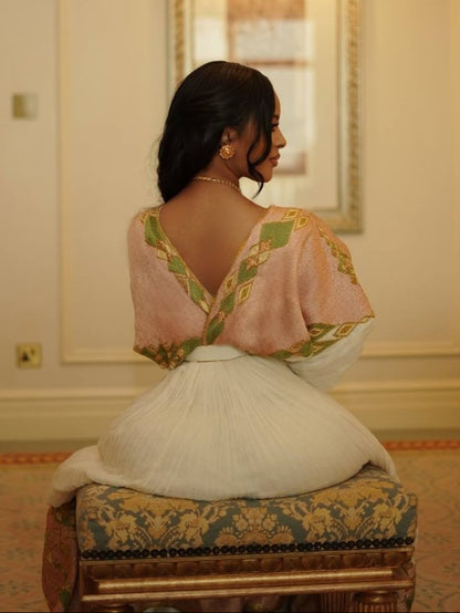 Soft Blush & Olive Green Wrap-Style Habesha Kemis Long Sleeve Habesha Dress Habesha Cloth 1265
