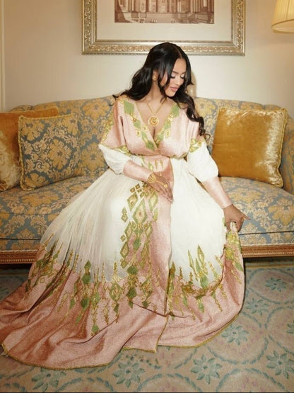 Soft Blush & Olive Green Wrap-Style Habesha Kemis Long Sleeve Habesha Dress Habesha Cloth 1265
