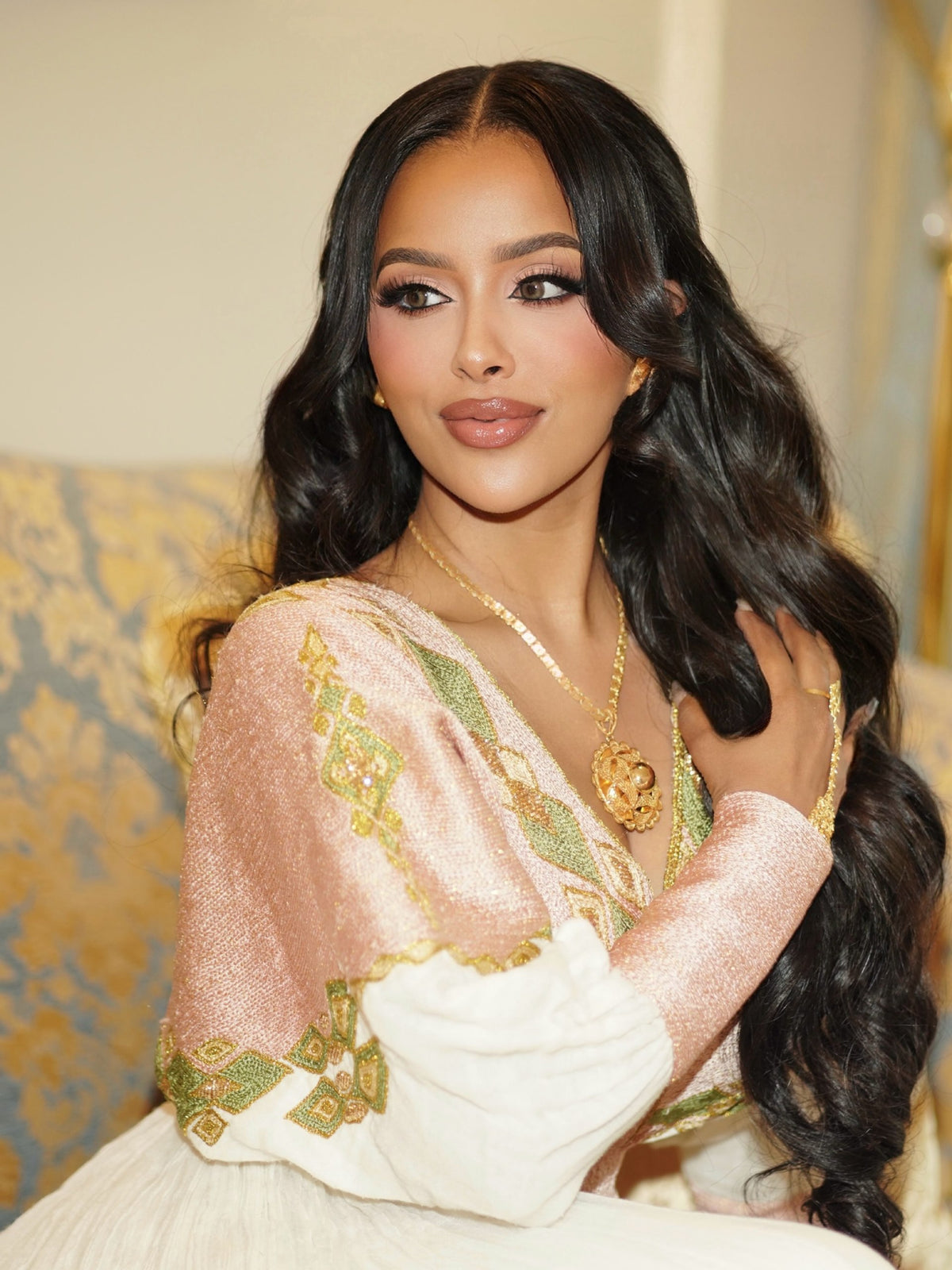 Soft Blush & Olive Green Wrap-Style Habesha Kemis Long Sleeve Habesha Dress Habesha Cloth 1265