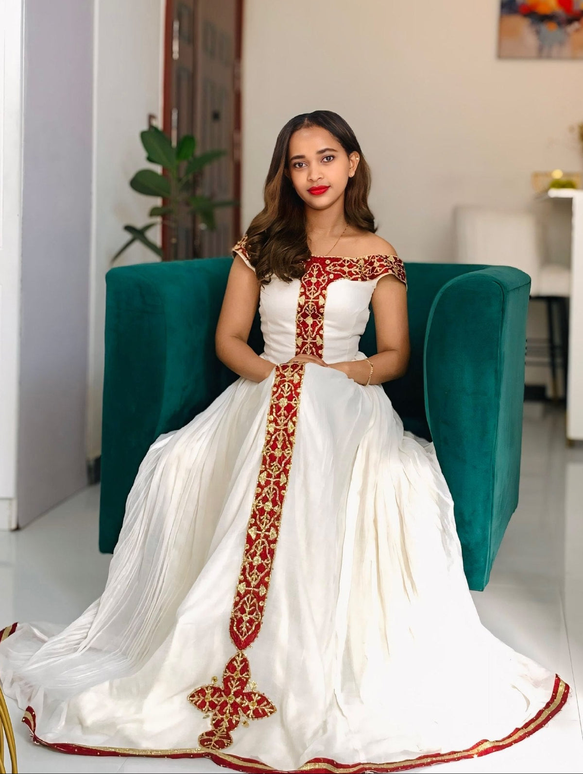 Traditional Ethiopian Dress For Festive Ruby Red & Gold Cross Tapestry Habesha kemis online 1266