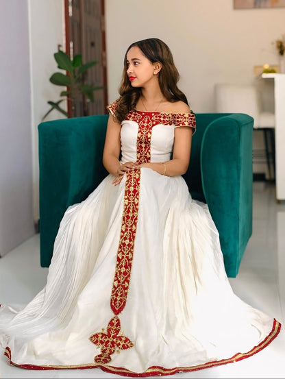 Traditional Ethiopian Dress For Festive Ruby Red & Gold Cross Tapestry Habesha kemis online 1266