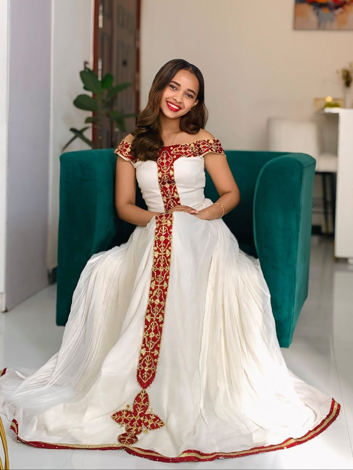 Traditional Ethiopian Dress For Festive Ruby Red & Gold Cross Tapestry Habesha kemis online 1266