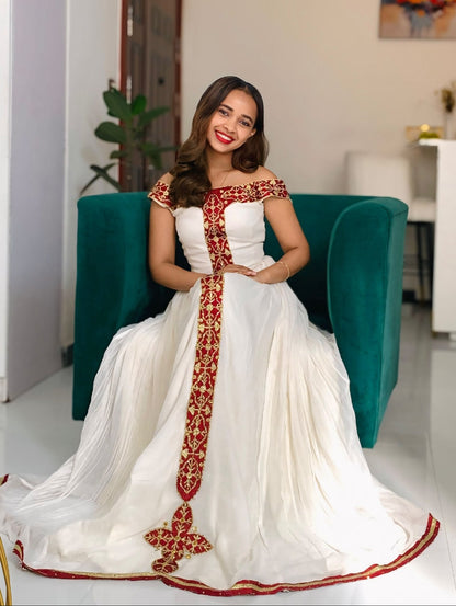 Traditional Ethiopian Dress For Festive Ruby Red & Gold Cross Tapestry Habesha kemis online 1266