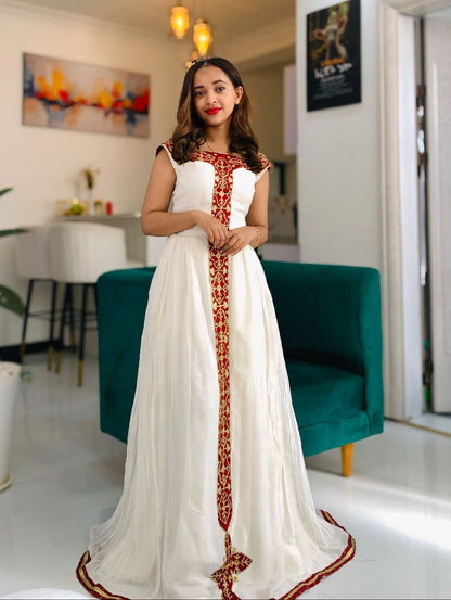Ruby Red & Gold Cross Tapestry Gown | Pure habesha cloth