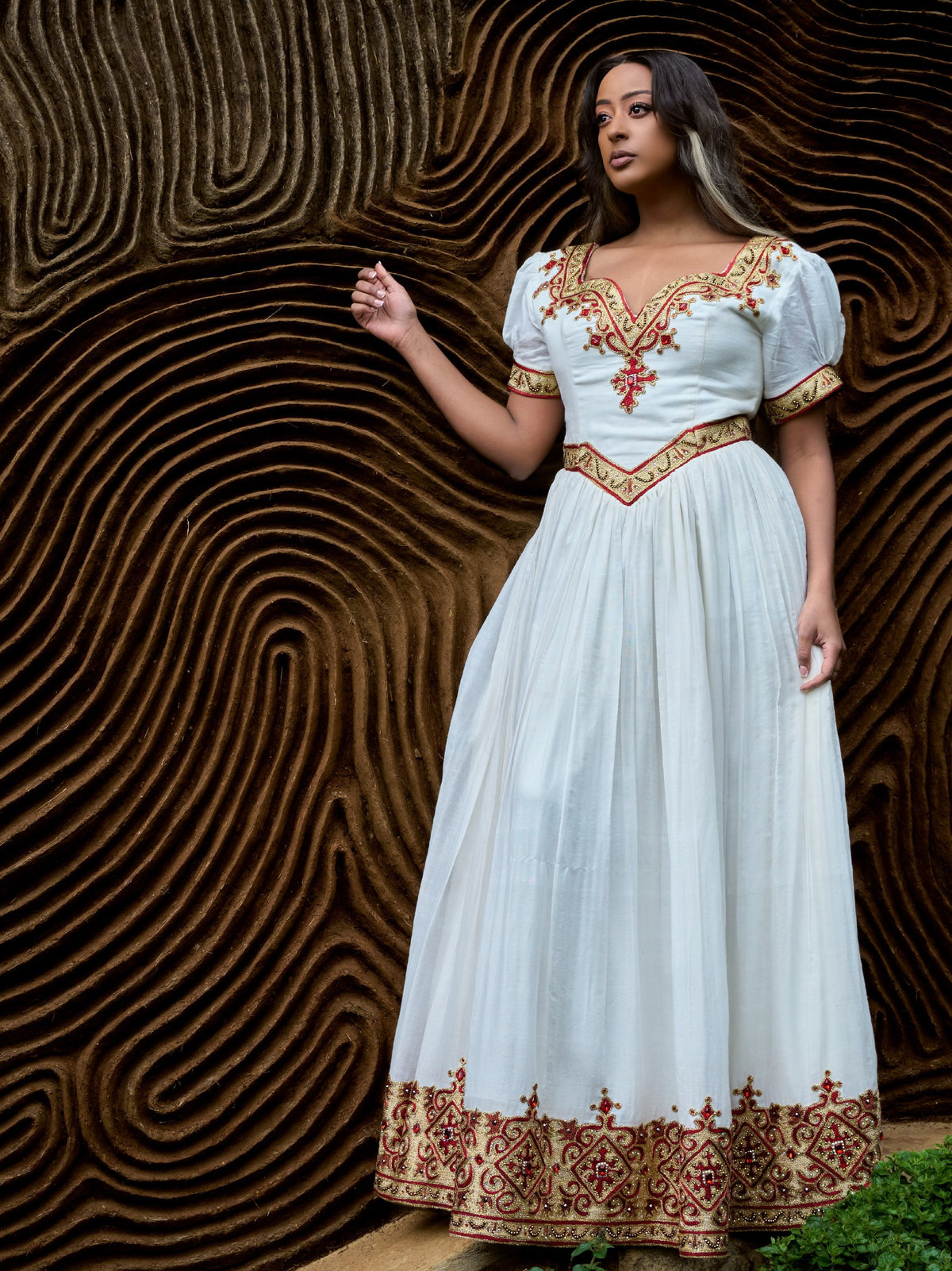 Gilded Crimson Filigree Gown Pure habesha cloth