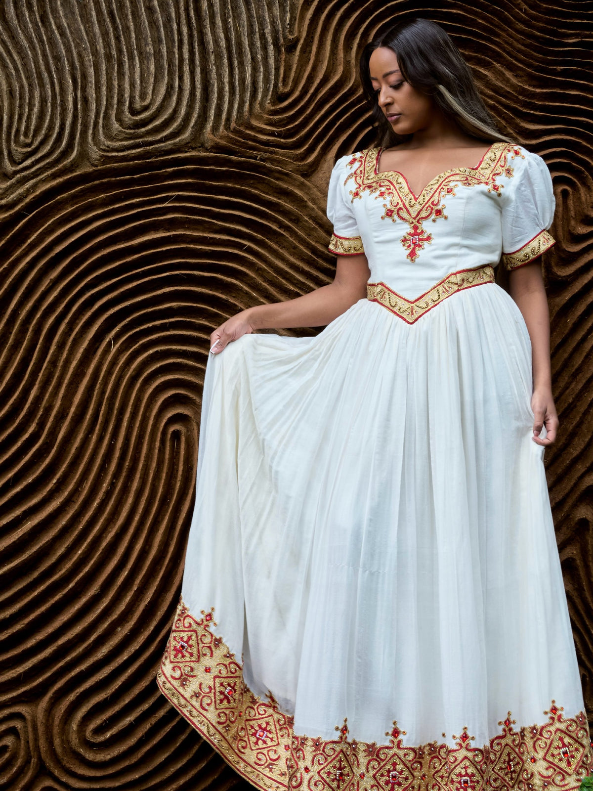 Gilded Crimson Filigree Puff-Sleeve Habesha Dress Charming Habesha Kemis Ethiopian Dress 1267