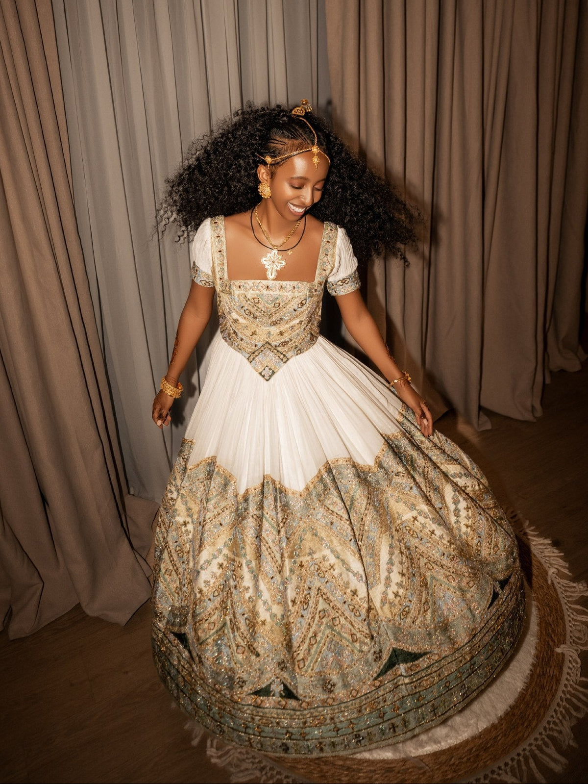 Sage & Champagne Gold Basque Corset Gown Fine habesha cloth