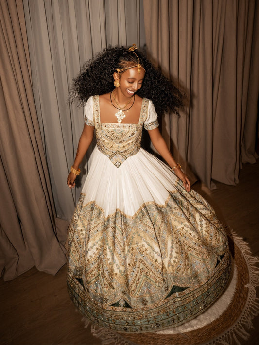 Sage & Champagne Gold Basque Corset Gown Fine habesha cloth