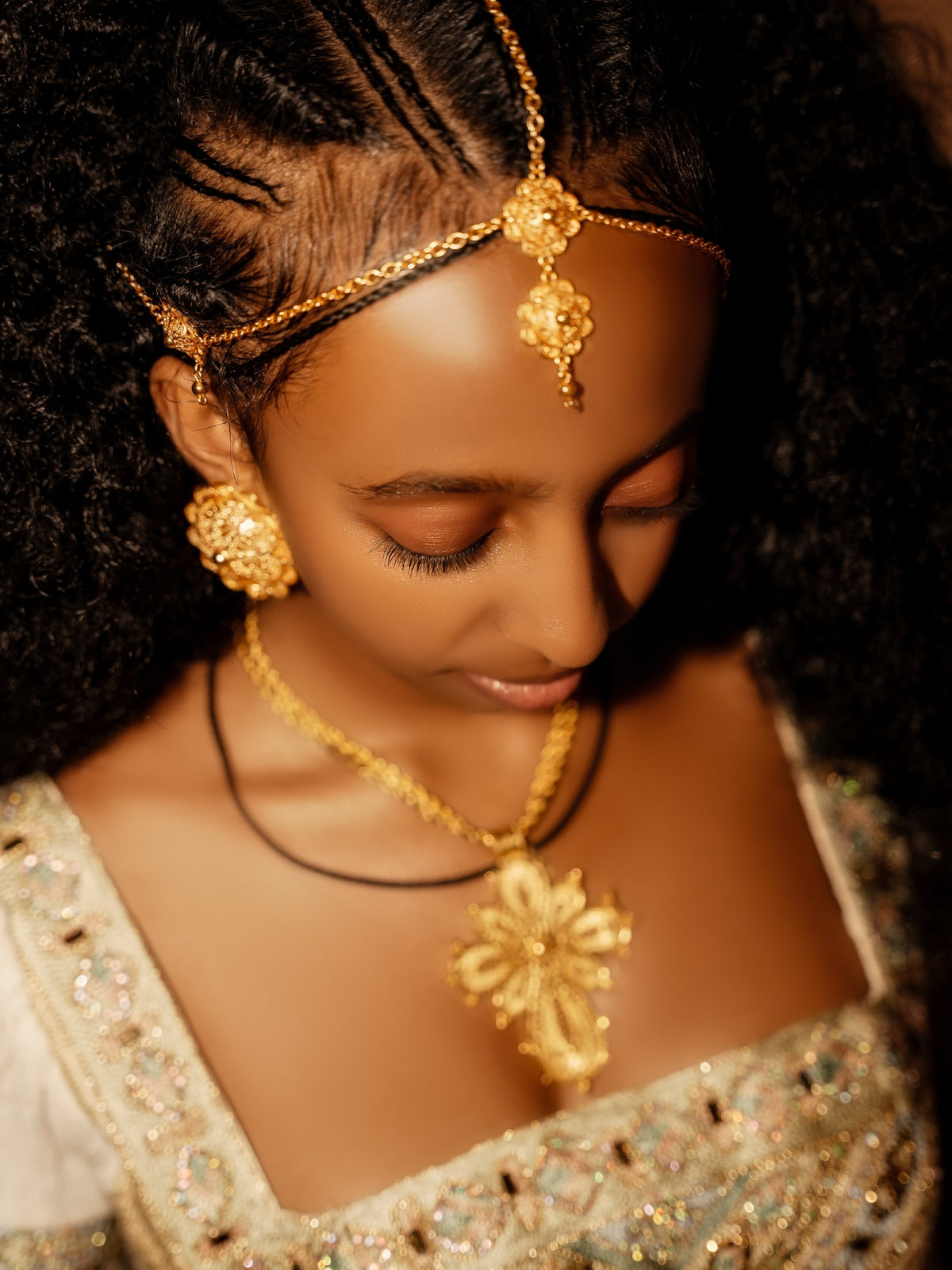 Sage & Champagne Gold Basque Corset Square-Neck Habesha Dress Traditional Ethiopian Wedding dress 1268