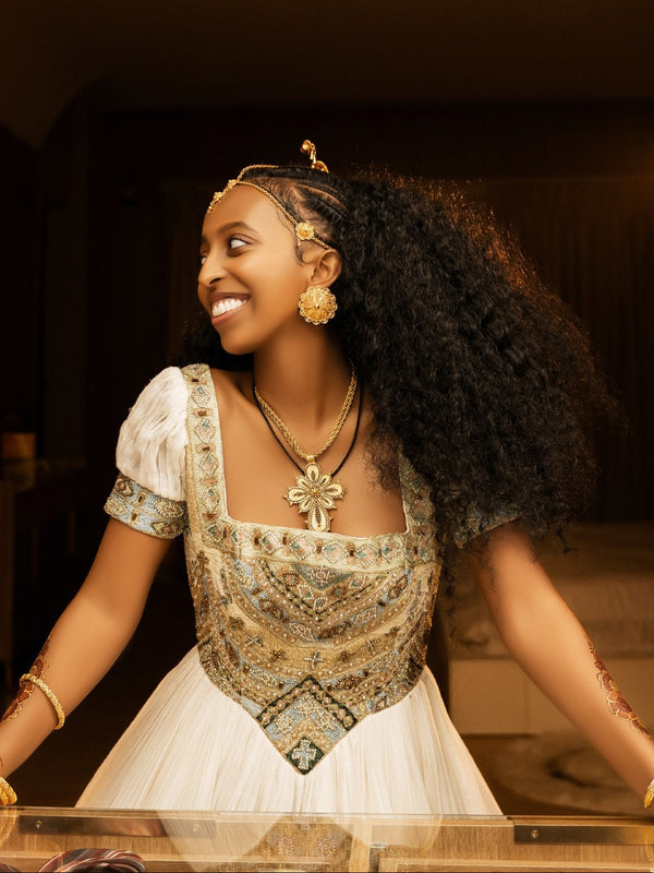 Sage & Champagne Gold Basque Corset Square-Neck Habesha Dress Traditional Ethiopian Wedding dress 1268