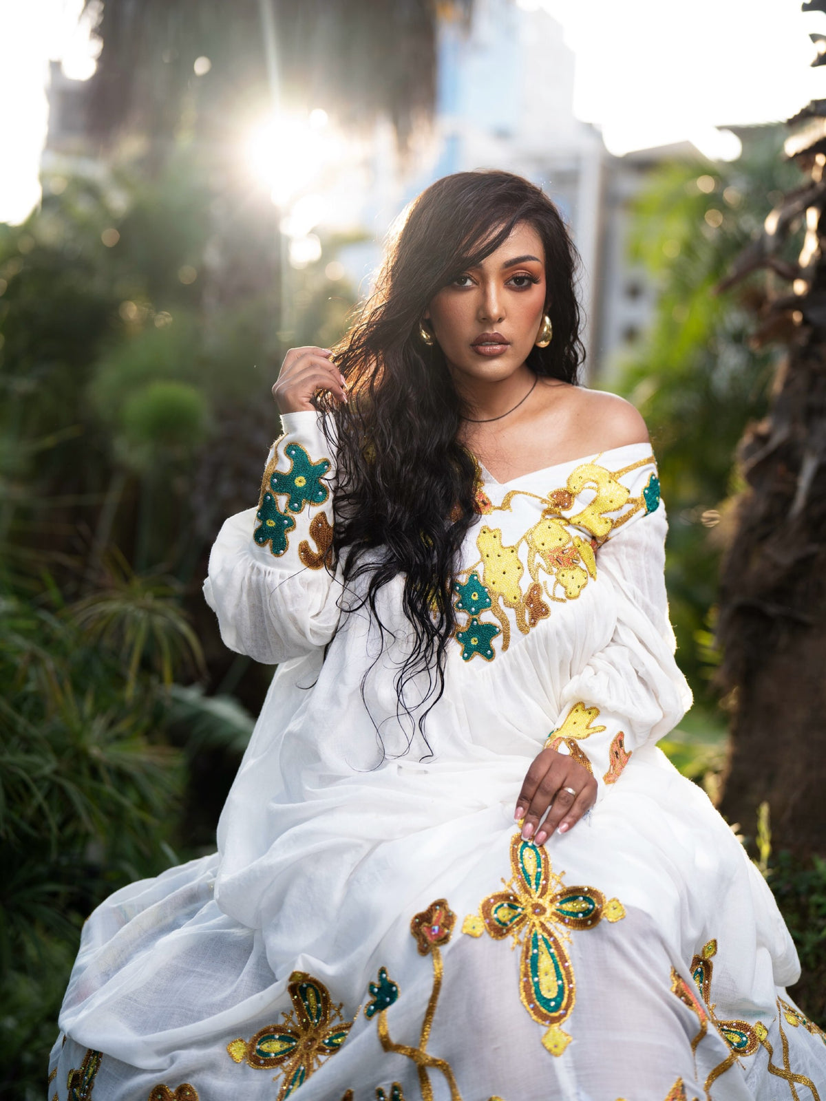Sun Gold & Emerald Floral Cross Long Sleeve Habesha Dress Traditional Ethiopian dress 1269