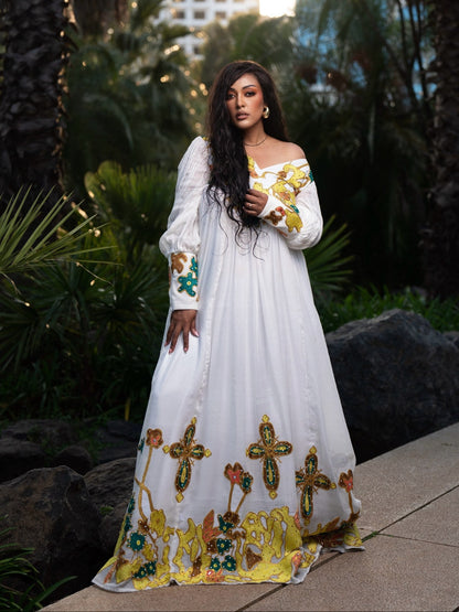 Sun Gold & Emerald Floral Cross Gown | Pure habesha cloth