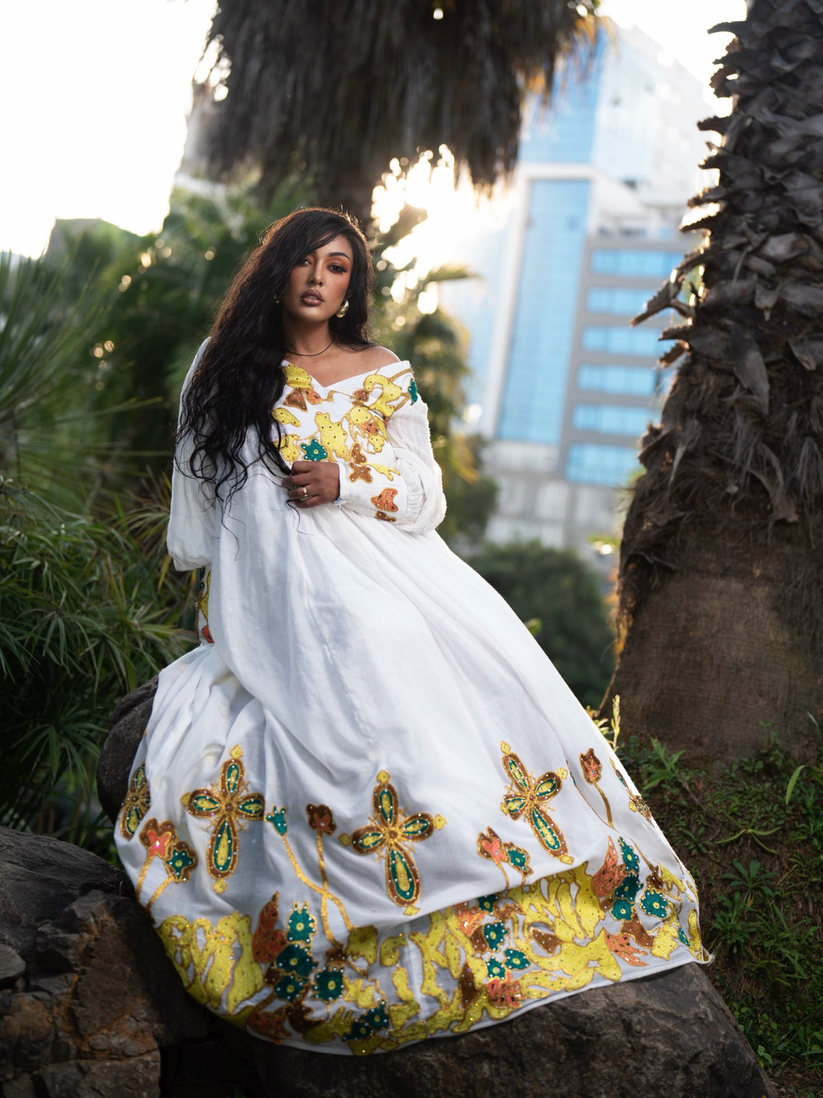 Sun Gold & Emerald Floral Cross Long Sleeve Habesha Dress Traditional Ethiopian dress 1269