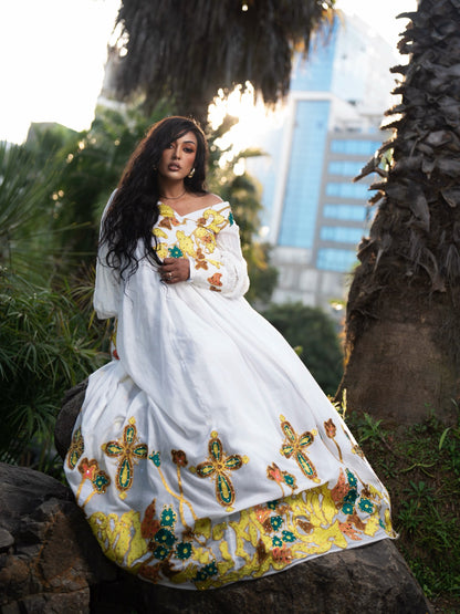 Sun Gold & Emerald Floral Cross Long Sleeve Habesha Dress Traditional Ethiopian dress 1269