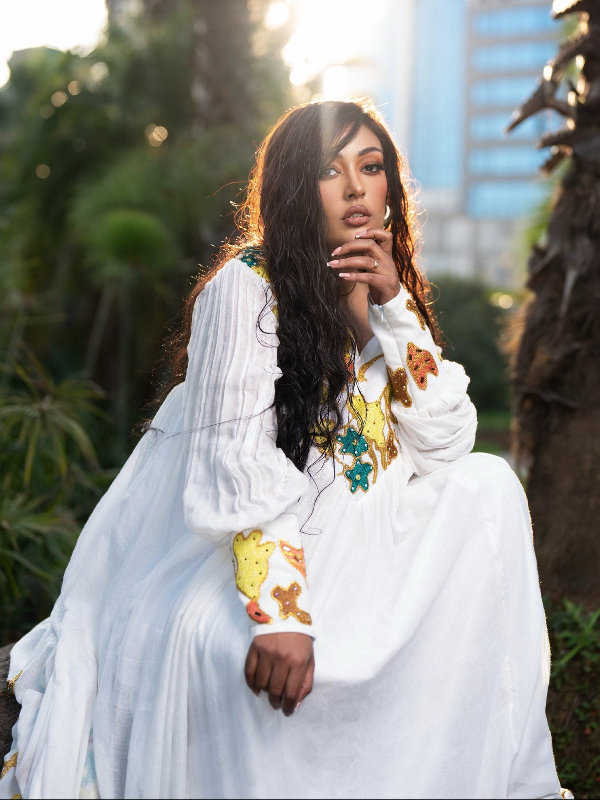 Sun Gold & Emerald Floral Cross Long Sleeve Habesha Dress Traditional Ethiopian dress 1269