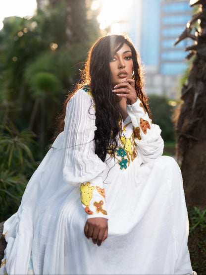 Sun Gold & Emerald Floral Cross Long Sleeve Habesha Dress Traditional Ethiopian dress 1269