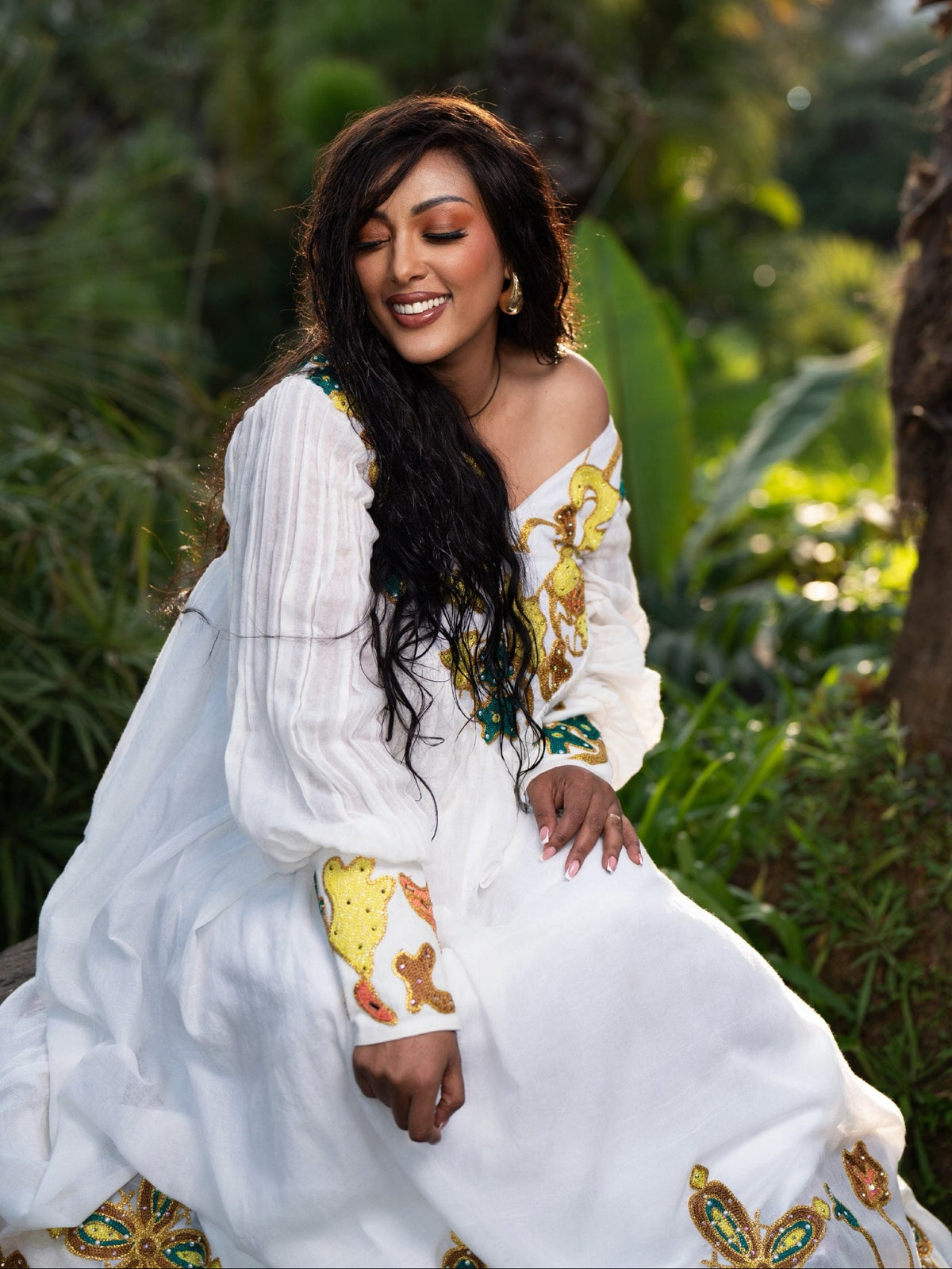 Sun Gold & Emerald Floral Cross Long Sleeve Habesha Dress Traditional Ethiopian dress 1269