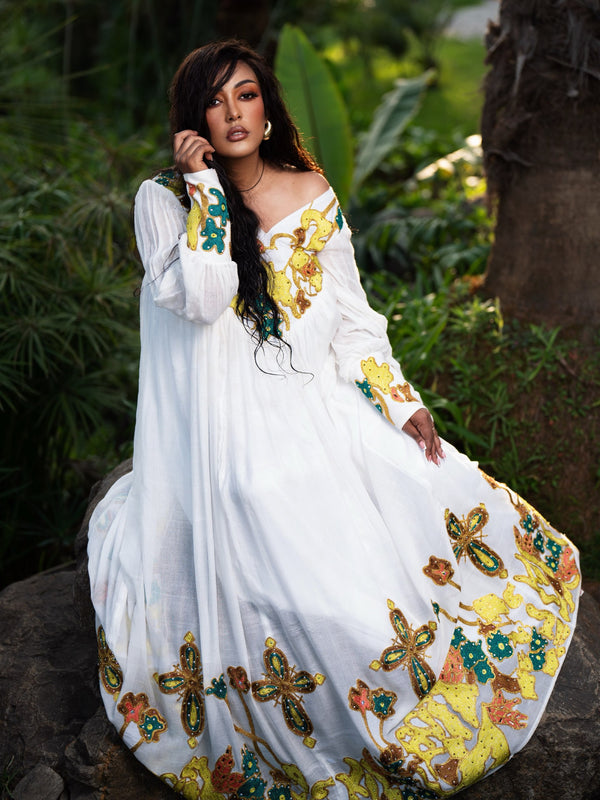 Sun Gold & Emerald Floral Cross Long Sleeve Habesha Dress Traditional Ethiopian dress 1269