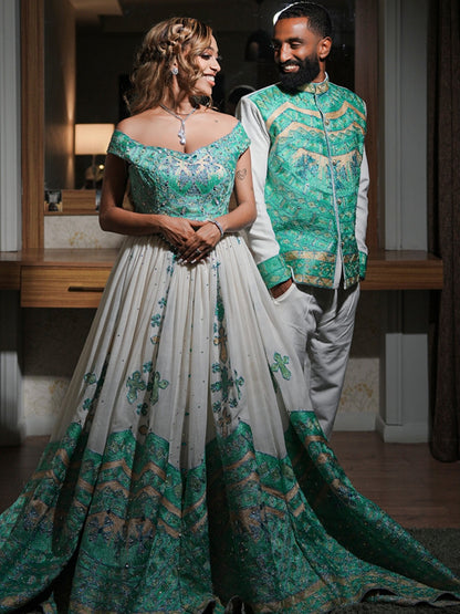 Emerald Mint & Gold Chevron Couple Set Fine habesha cloth