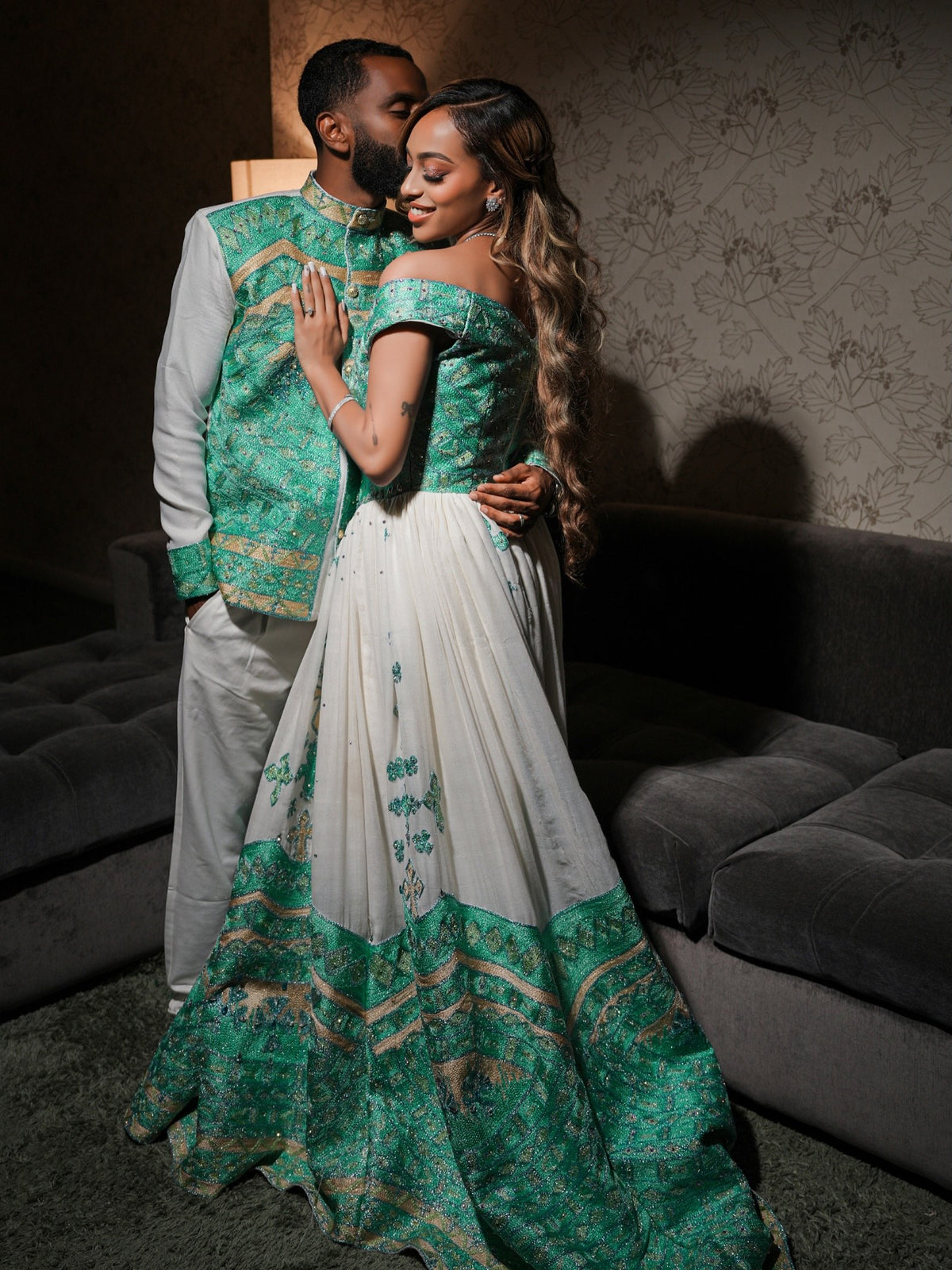 Royal Mint Green & Gold Chevron Matching Couple's Set Ethiopian couples traditional wear 1270