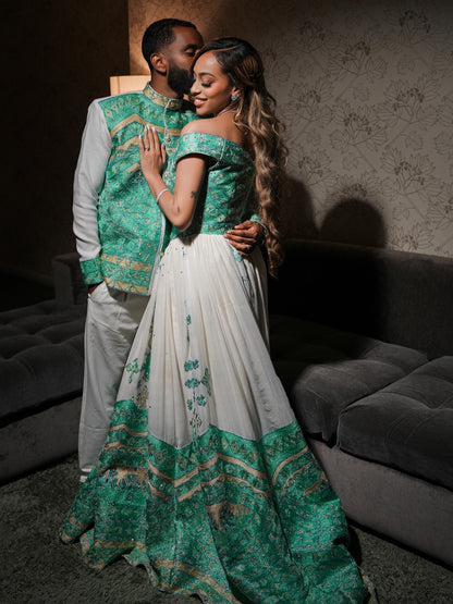 Royal Mint Green & Gold Chevron Matching Couple's Set Ethiopian couples traditional wear 1270