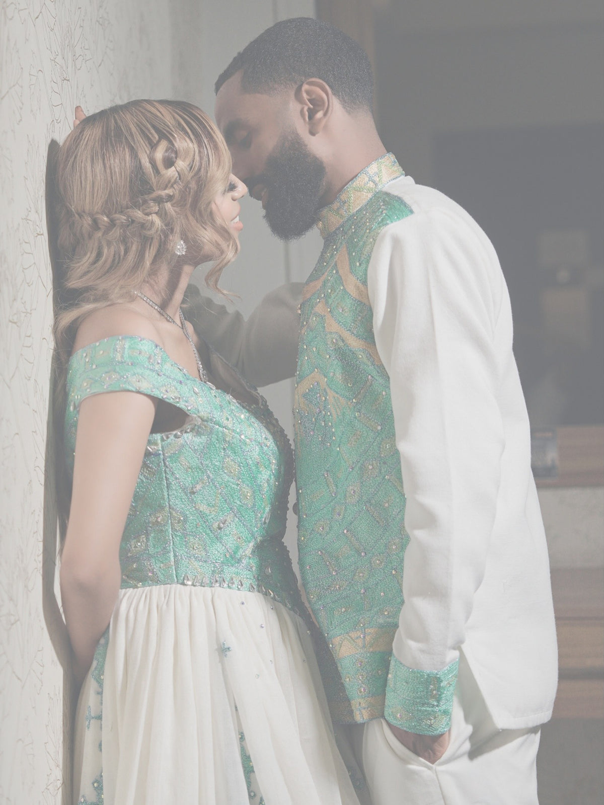 Royal Mint Green & Gold Chevron Matching Couple's Set Ethiopian couples traditional wear 1270