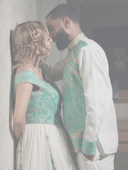 Royal Mint Green & Gold Chevron Matching Couple's Set Ethiopian couples traditional wear 1270