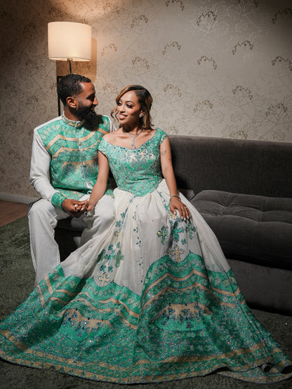 Royal Mint Green & Gold Chevron Matching Couple's Set Ethiopian couples traditional wear 1270