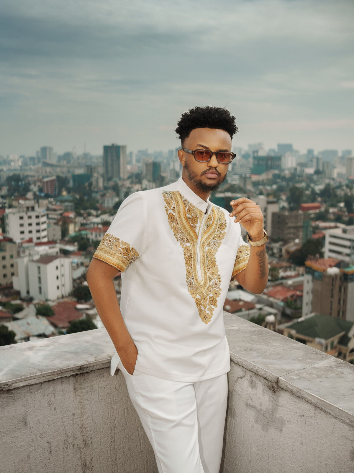 Imperial Gold Embroidered Short-Sleeve Men's Shirt Ethiopian clothing & Ethiopian mens Shirt 1271