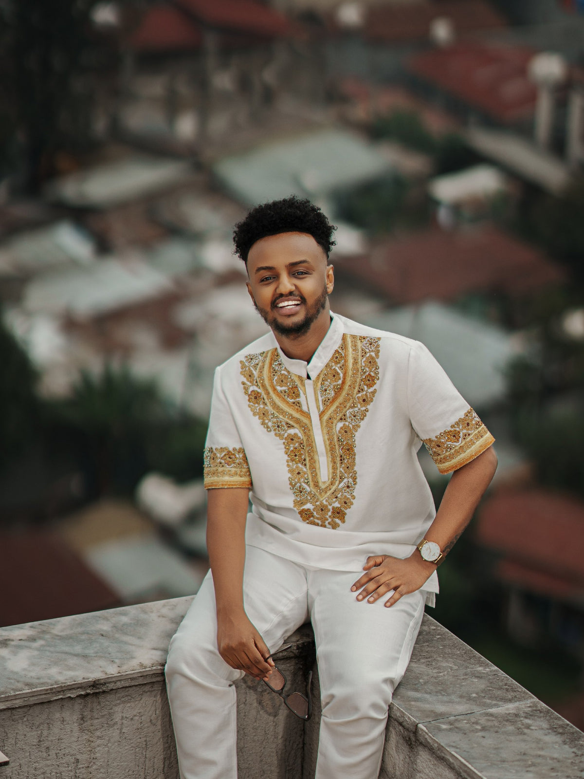 Imperial Gold Embroidered Short-Sleeve Men's Shirt Ethiopian clothing & Ethiopian mens Shirt 1271
