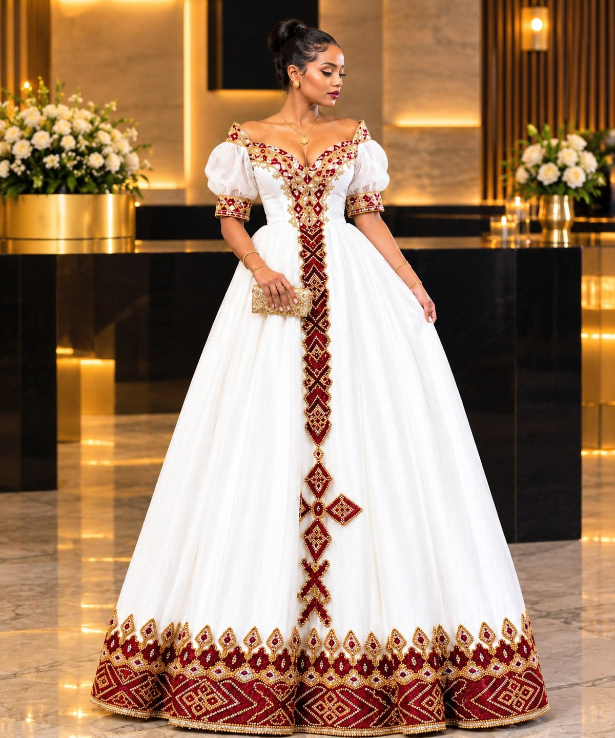 Buy AI-Generated Habesha Kemis Online  Crimson & Gold Ethiopian Traditional Dress