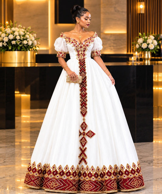 Buy AI-Generated Habesha Kemis Online  Crimson & Gold Ethiopian Traditional Dress
