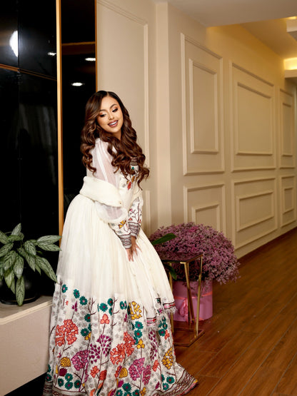 Floral Garden Embroidery Long Sleeve Gown Habesha Kemis with Netela Traditional Ethiopian dress 1272
