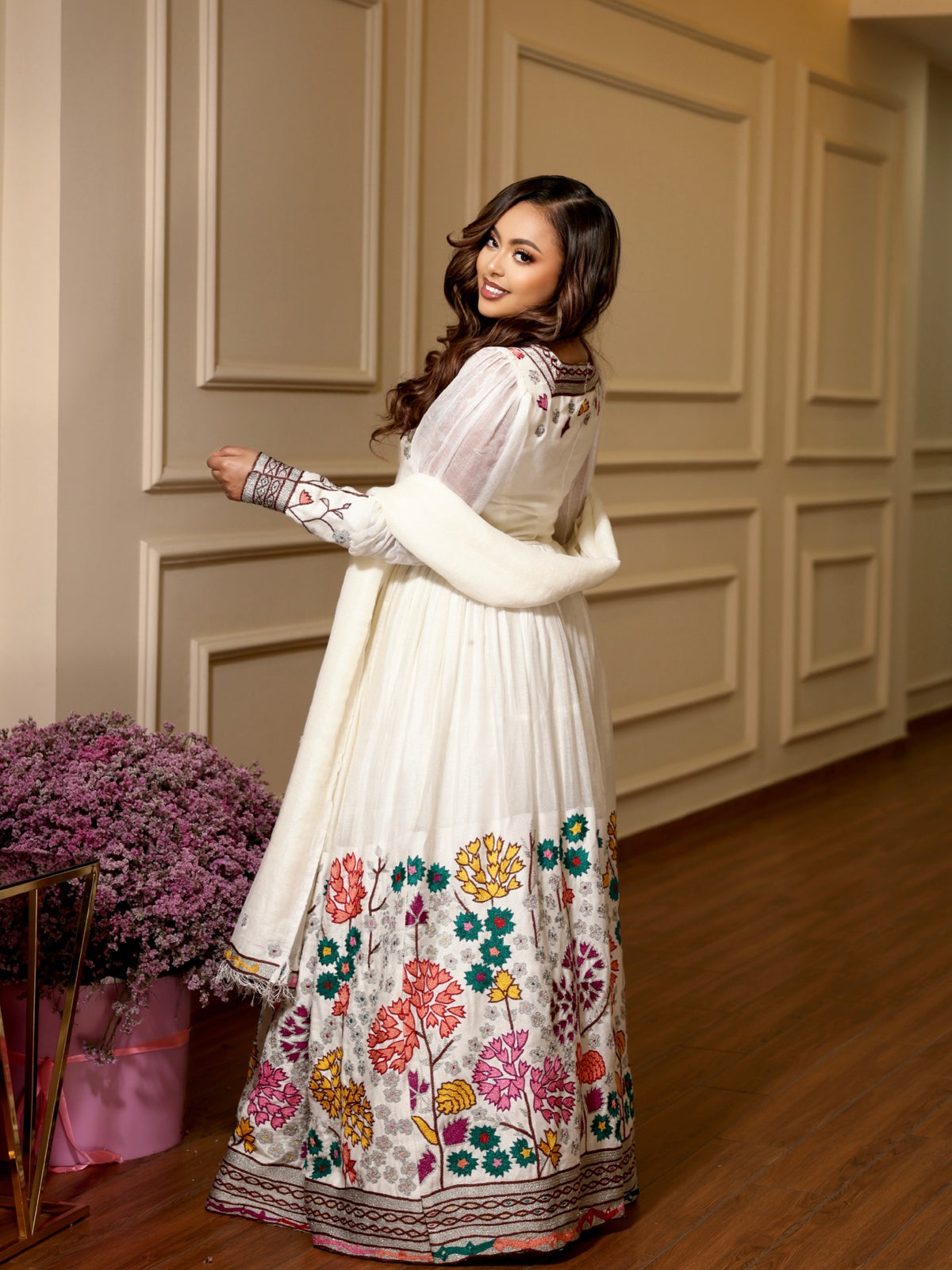 Floral Garden Embroidery Long Sleeve Gown Habesha Kemis with Netela Traditional Ethiopian dress 1272
