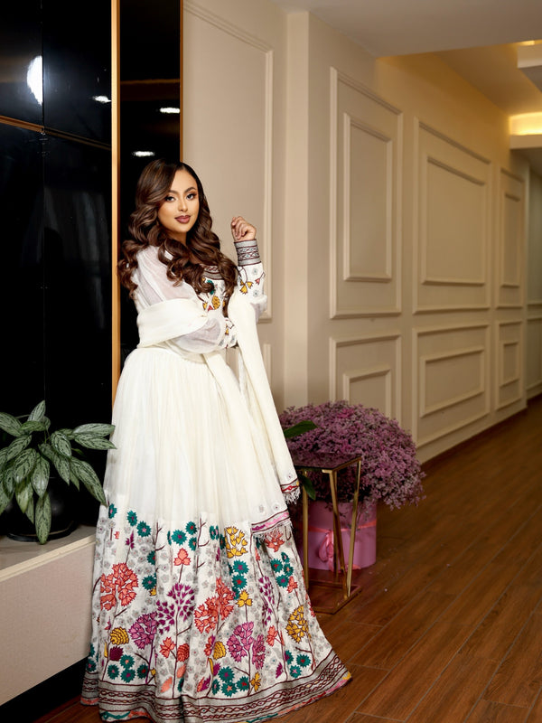 Floral Garden Embroidery Long Sleeve Gown Habesha Kemis with Netela Traditional Ethiopian dress 1272