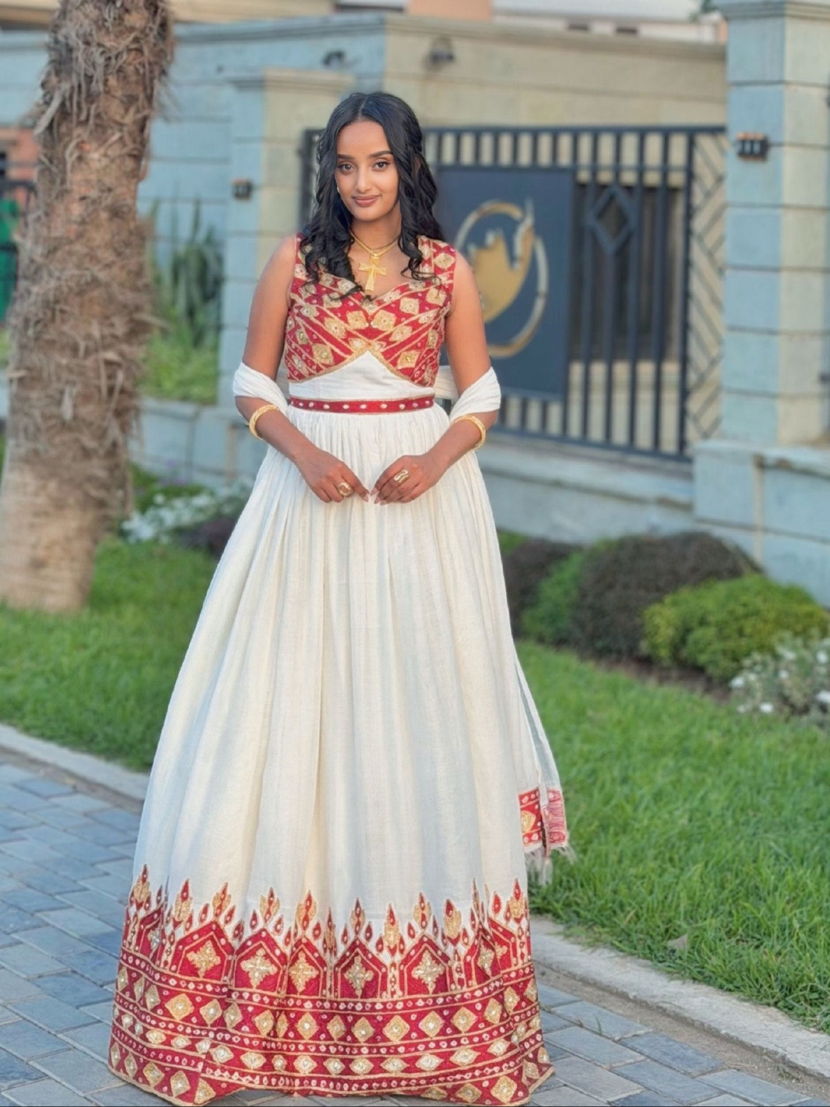Ethiopian Clothing & Ethiopian dress Design Red & Gold Patterned Sleeveless Corset Habesha Kemis 1276