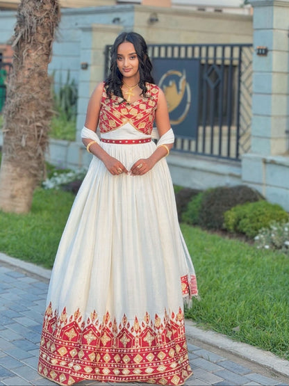 Ethiopian Clothing & Ethiopian dress Design Red & Gold Patterned Sleeveless Corset Habesha Kemis 1276