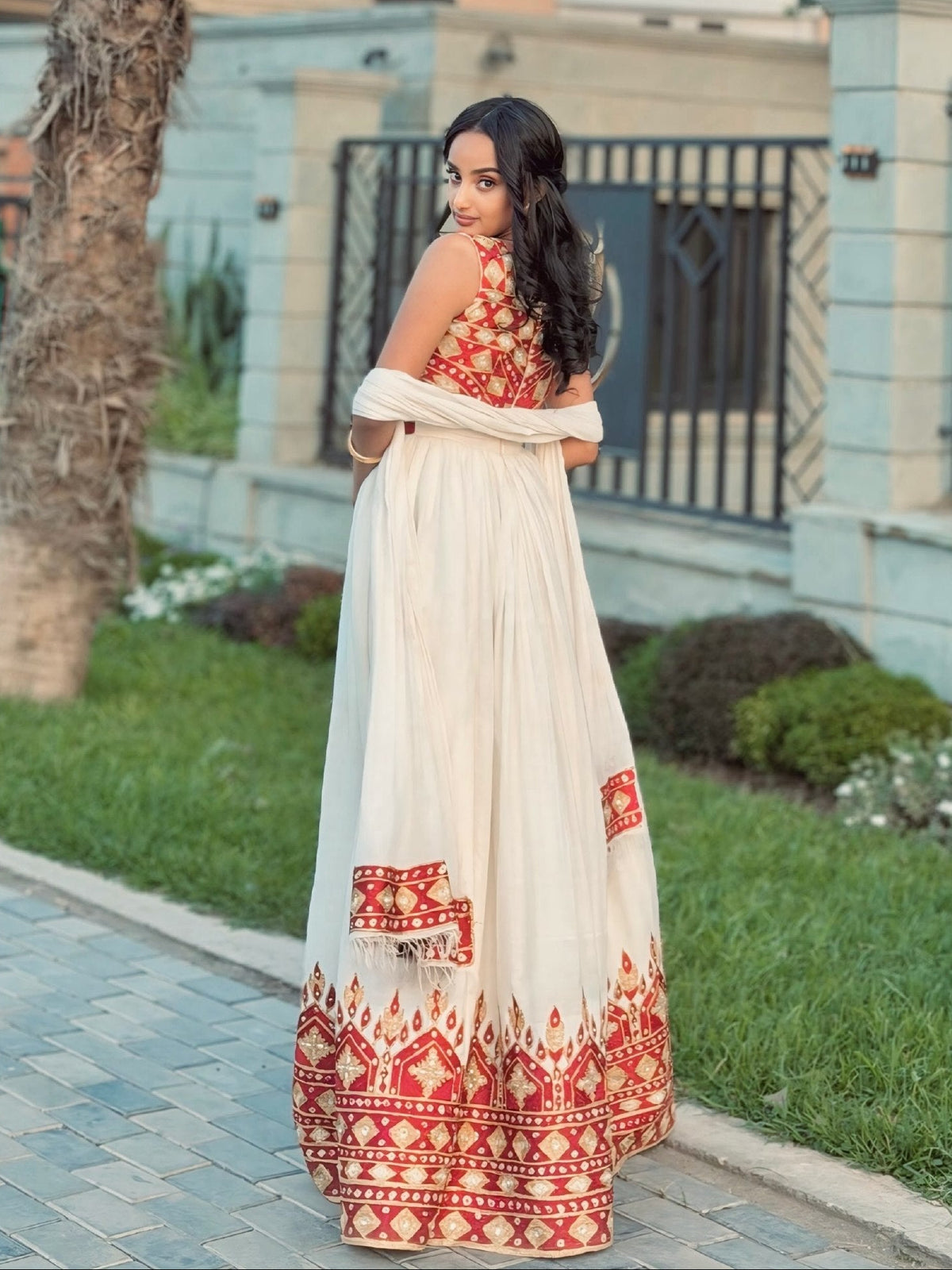 Ethiopian Clothing & Ethiopian dress Design Red & Gold Patterned Sleeveless Corset Habesha Kemis 1276