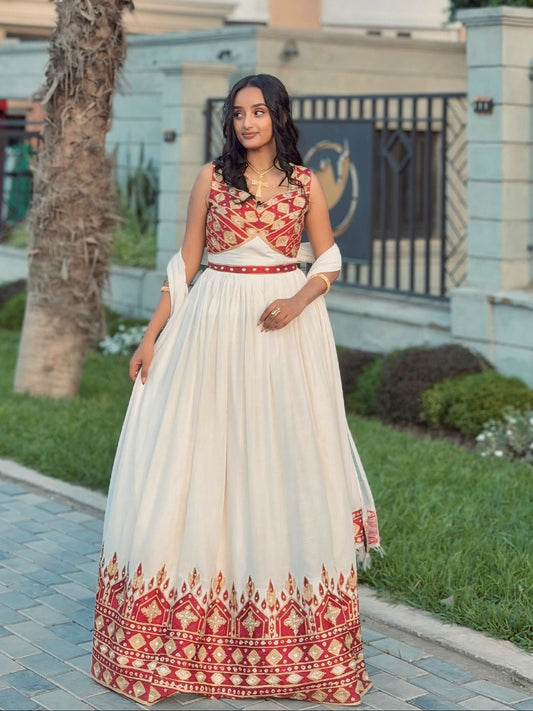 Red & Gold Corset Habesha Gown Pure habesha cloth