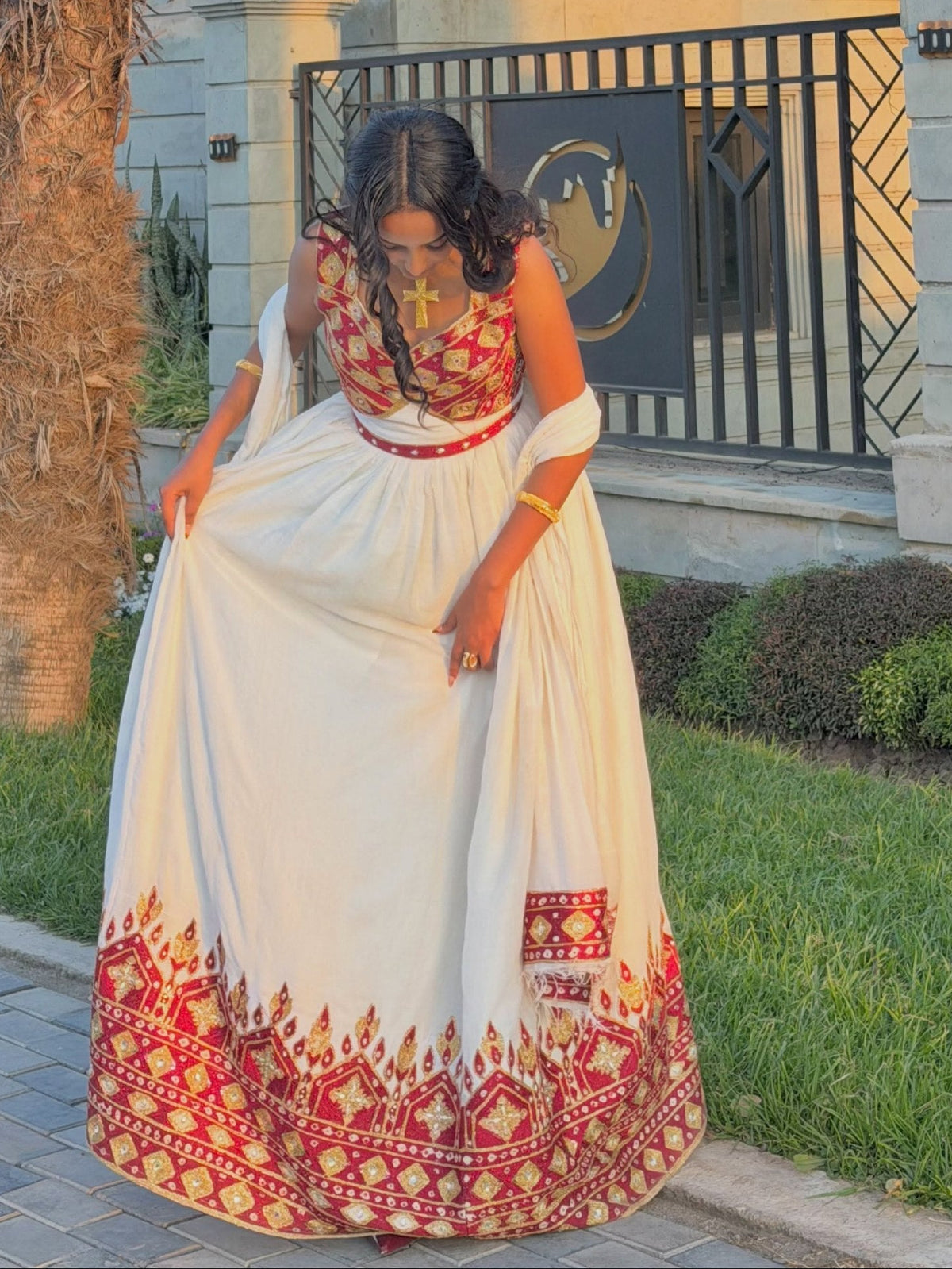 Ethiopian Clothing & Ethiopian dress Design Red & Gold Patterned Sleeveless Corset Habesha Kemis 1276