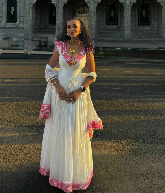Fuchsia Pink & Gold Trimmed Habesha Gown Pure habesha cloth