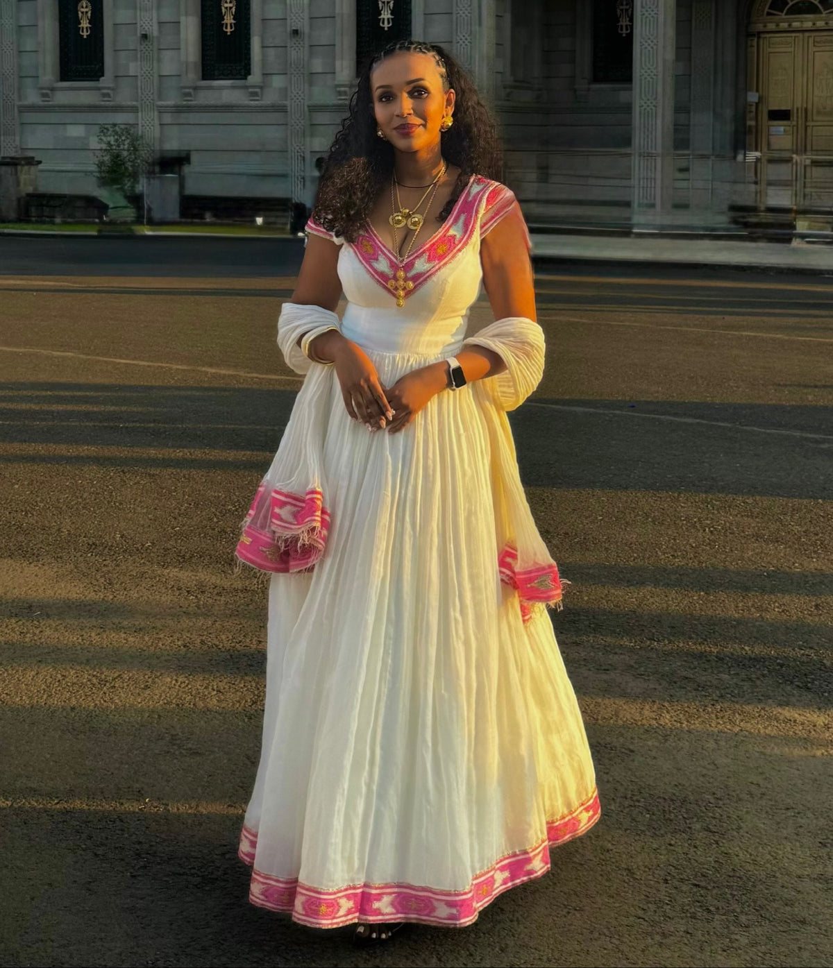 Fuchsia Pink & Gold V-Neck Cap-Sleeve Habesha Kemis Traditional Ethiopian dress For Holidays 1277