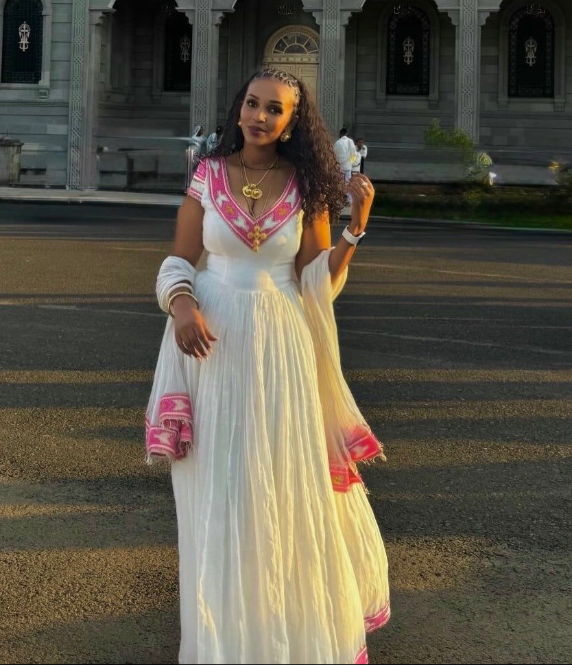 Fuchsia Pink & Gold V-Neck Cap-Sleeve Habesha Kemis Traditional Ethiopian dress For Holidays 1277