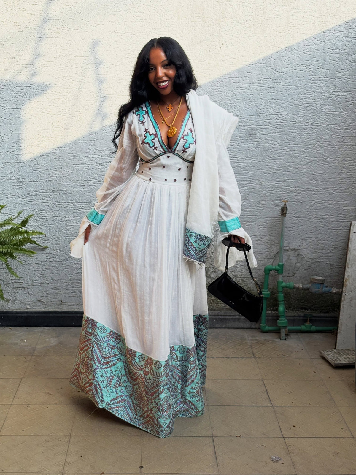 Turquoise & Bronze Cross Corset Habesha Dress Long Sleeve Ethiopian Dress Gown with Netela 1278