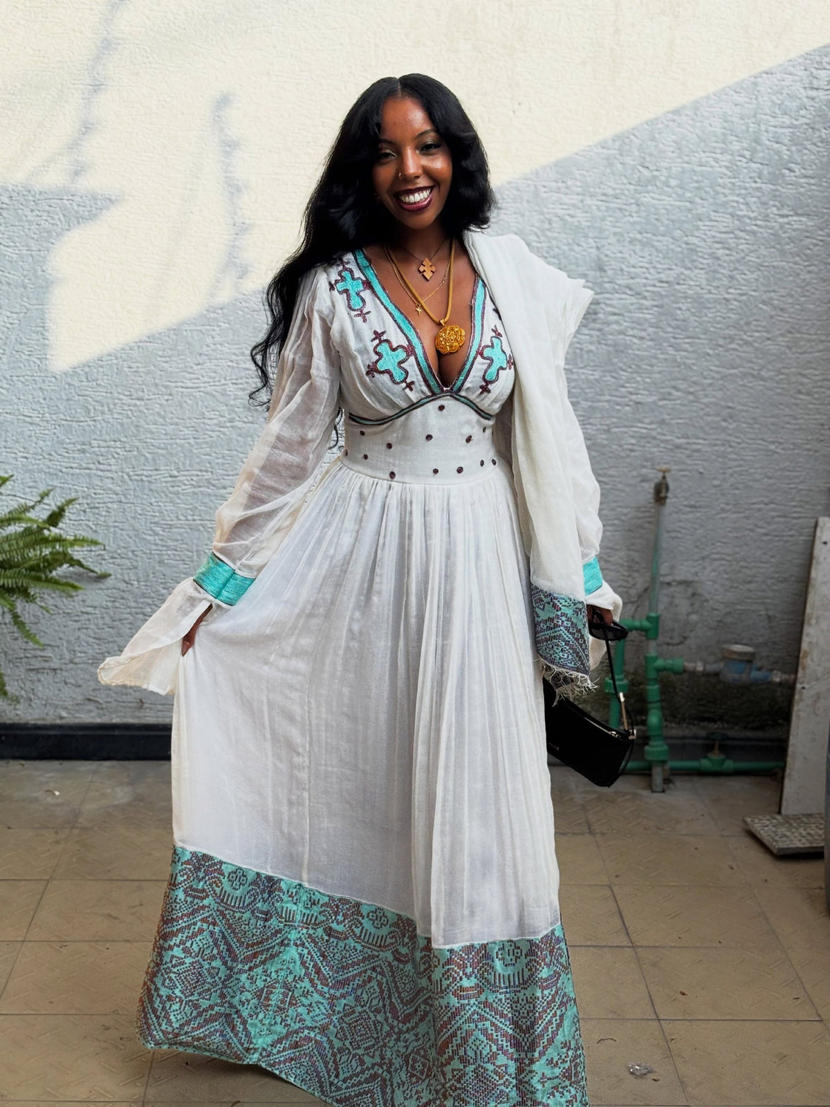 Aquamarine Cross Motif Evening Traditional Ethiopian Dress 