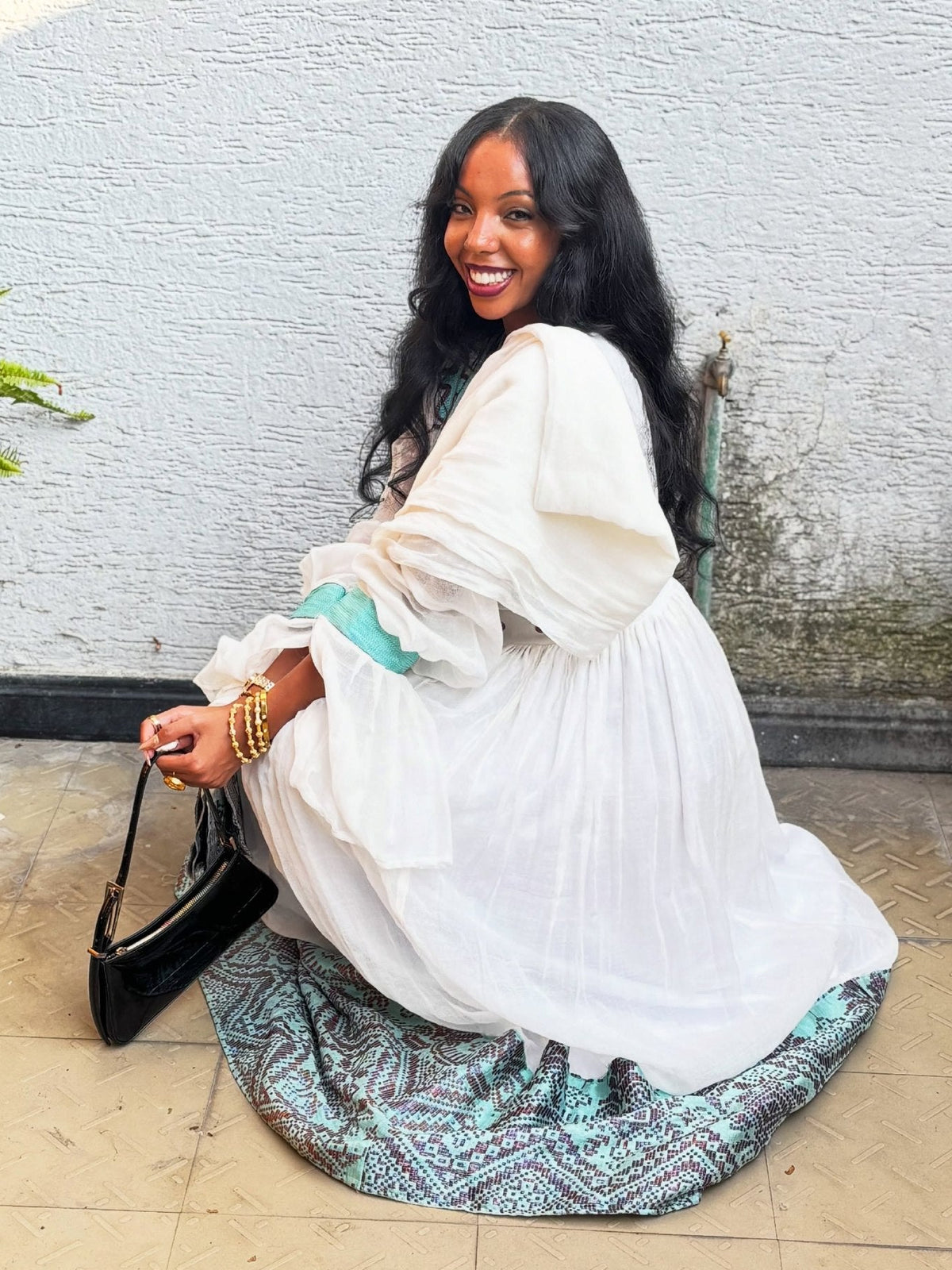 Turquoise & Bronze Cross Corset Habesha Dress Long Sleeve Ethiopian Dress Gown with Netela 1278