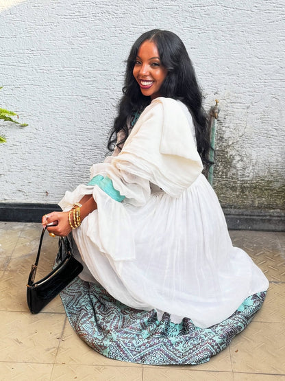 Turquoise & Bronze Cross Corset Habesha Dress Long Sleeve Ethiopian Dress Gown with Netela 1278