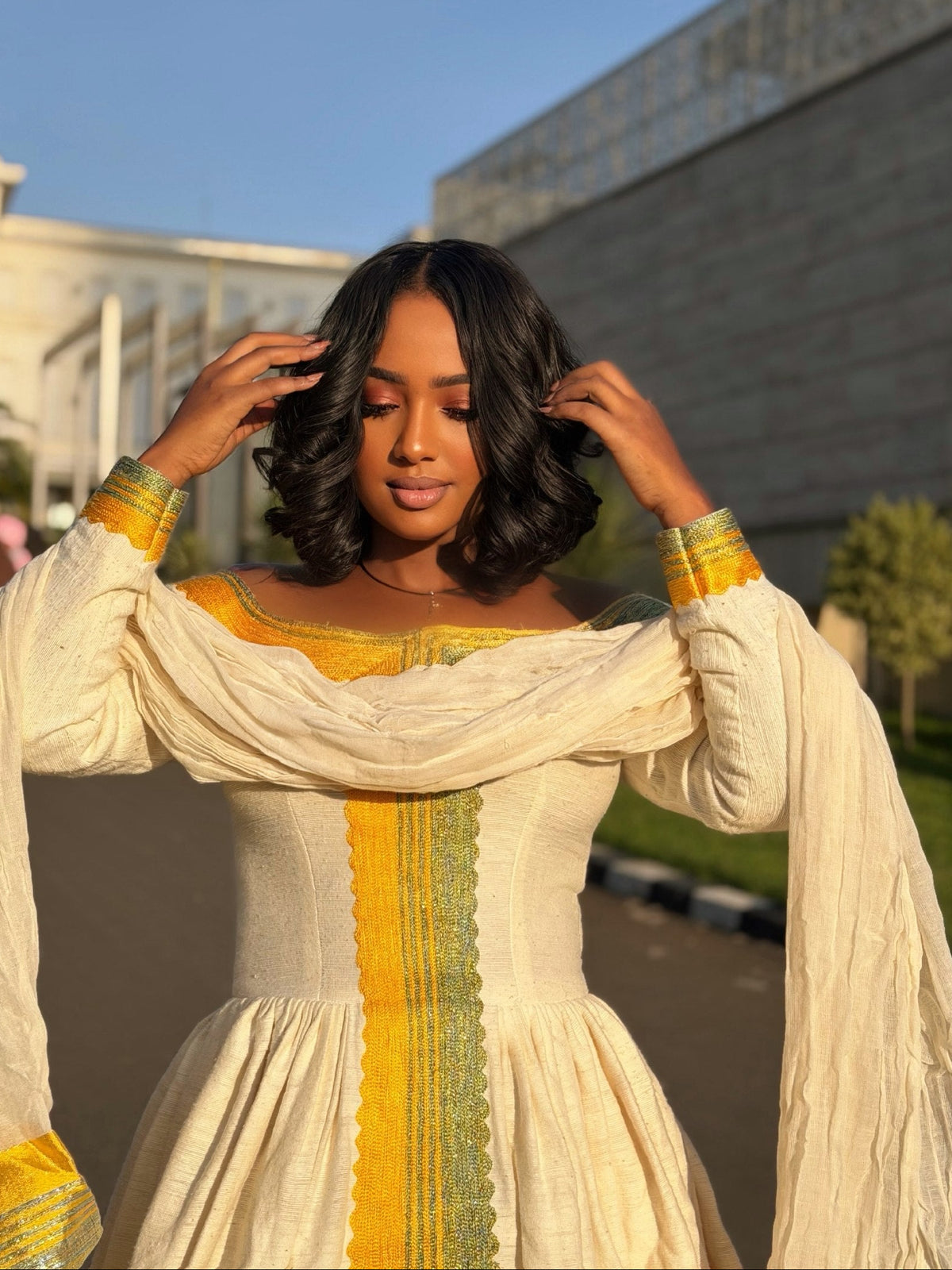 Habesha Kemis With Sun Gold & Sage Green Off-Shoulder Ethiopian Clothing For Festive 1279