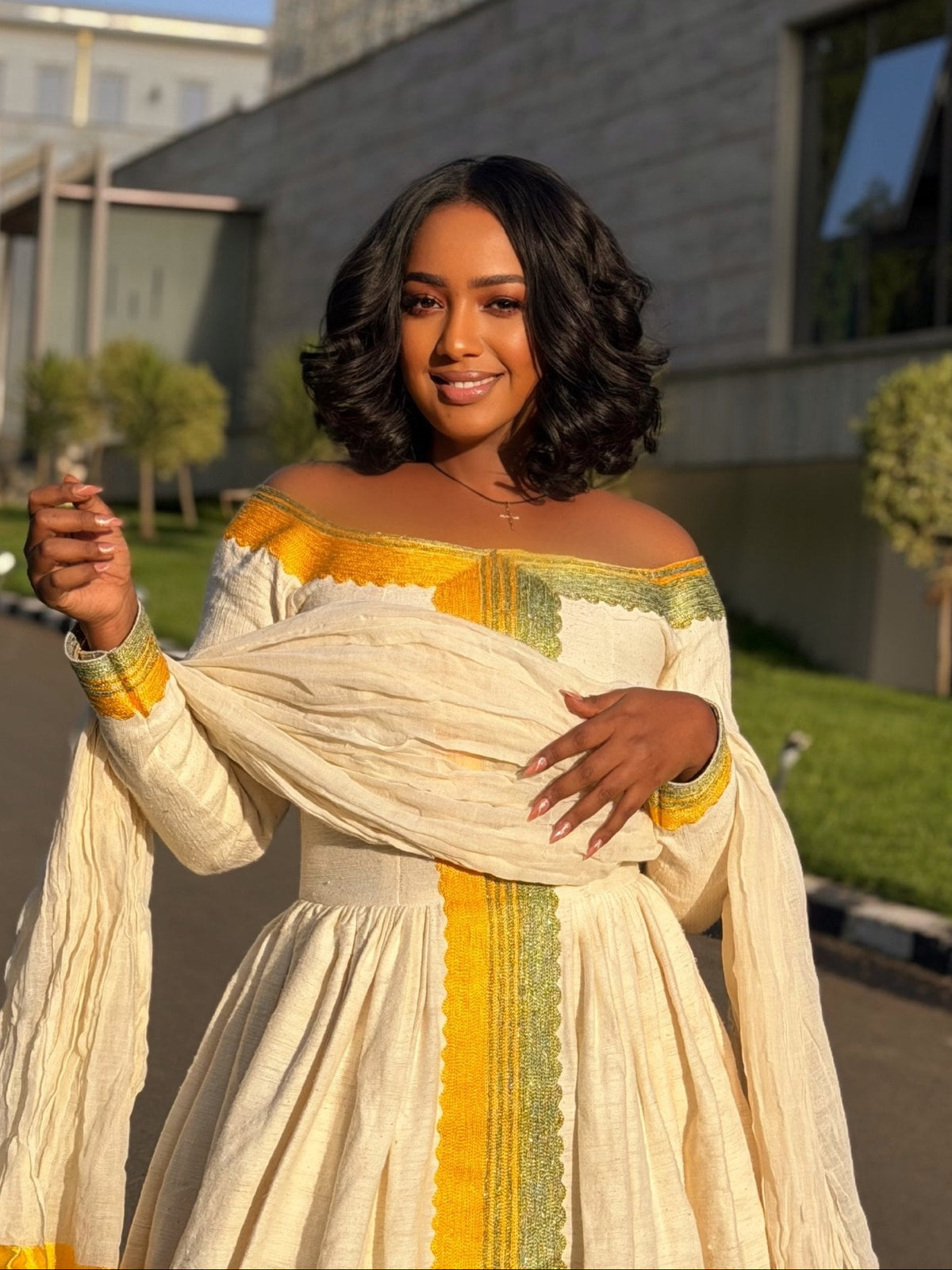 Habesha Kemis With Sun Gold & Sage Green Off-Shoulder Ethiopian Clothing For Festive 1279